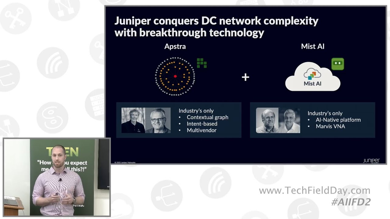 Kyle Baxter shown next to a presentation slide about Juniper conquering DC complexity with breakthrough technology