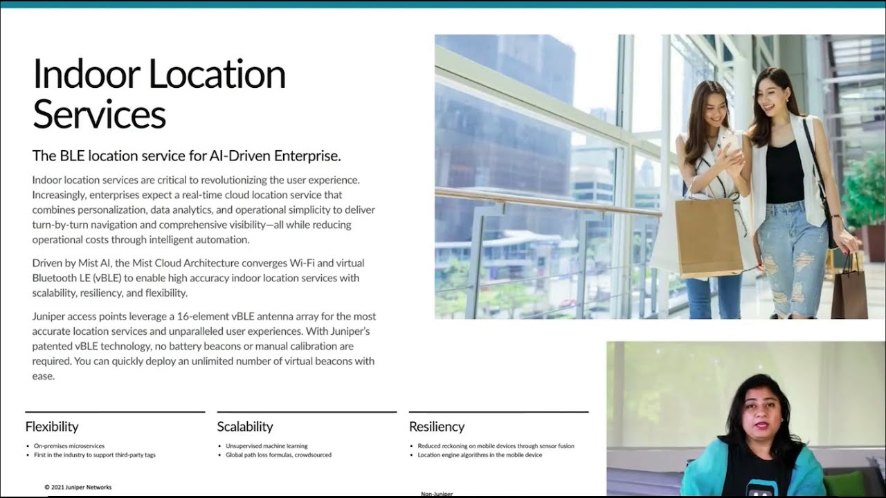 An image showing the Juniper Indoor Location Services webpage. In the lower-right corner is an image of host Sunalini Sankhavaram, Sr. Director of Product Management, Mist Systems, Juniper Networks.
