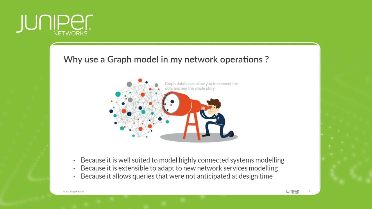 Slide with an image of a cartoon many peering into a large telescope. The image shows him seeing circles interconnected by lines. The slide’s headline reads, “Why use a Graph model in my network operations?” Bullets say, “* Because it is well suited to model highly connected systems modelling; * Because it is extensible to adapt to new network services modelling; * Because it allows queries that were not anticipated at design time.”