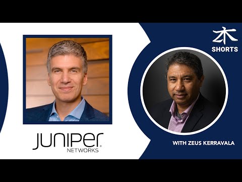 Still image shows a photo of Rami Rahim, CEO of Juniper Networks on the left side with the Juniper Networks logo underneath and a photo of Zeus Kerravala, Principal Analyst of ZK Research on the right. In the upper right corner there isa symbol with the word ‘SHORTS’ under it.