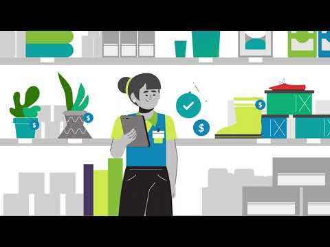 Animated image of a retail worker holding a clip board in a store.
