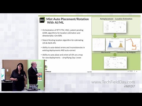 The screenshot of a presentation slide is titled, “Mist Auto Placement/Rotation With AI/ML.” There are four bullet points underneath on the left that read: Orchestration of RTT-FTM, VBLE, patent pending AI/ML algorithms for location estimation and directionality<2m 90%; Patent pending location algorithm for estimating LOS & NLOS APS; Ability to auto-detect errors and inconsistencies in existing deployments AND auto-correct; Ability to auto place and orient all APs on a map for new deployments, simplifying Day 1 even more. There are charts on the right side under the heading, “Auto placement — Location Estimation.” The charts show Bias Removal and Correction of Flip Ambiguity.