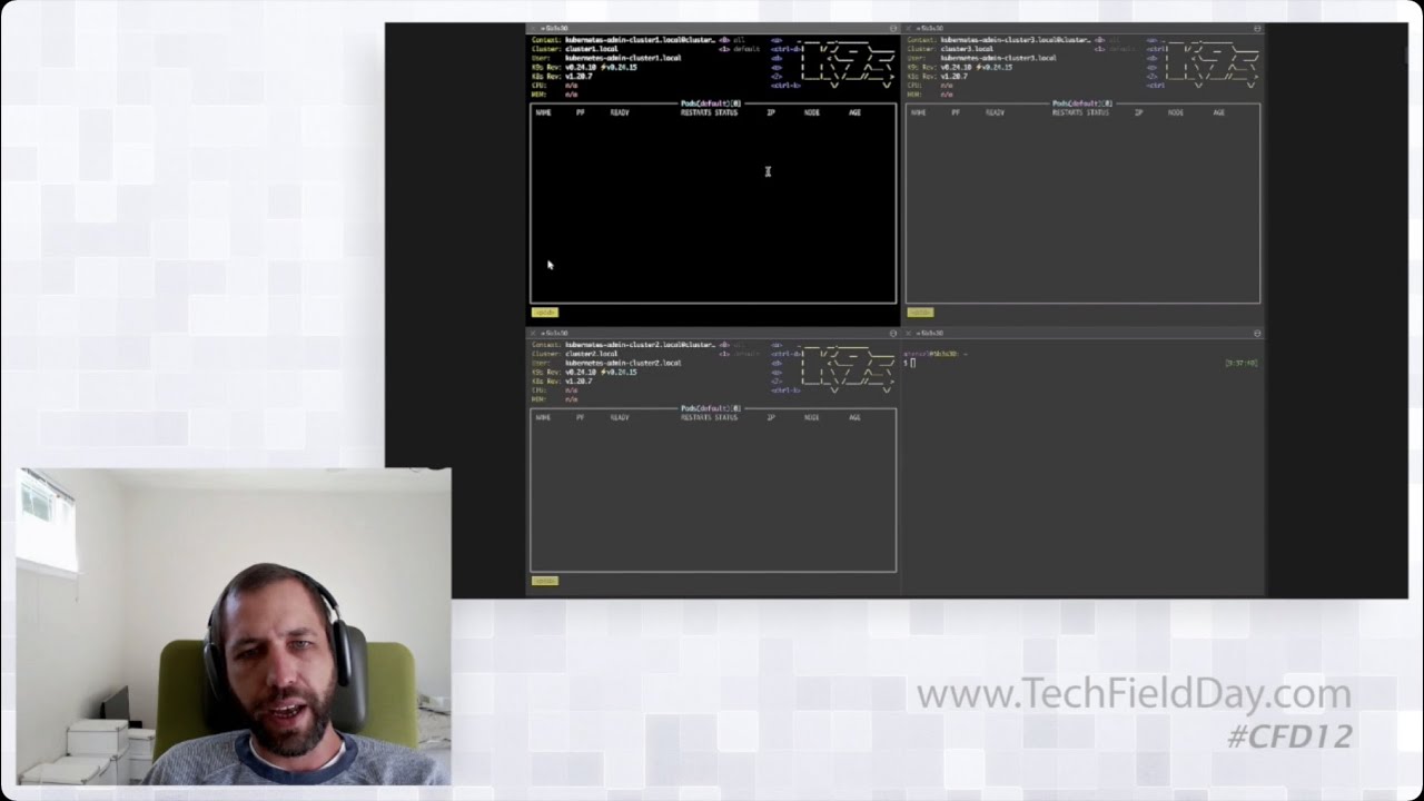 Screenshot features Michael Henkel as he gives his presentation in the bottom left corner and a slide from his presentation is shown to the right. IT is three boxes on a block screen showing three Kubernetes clusters.