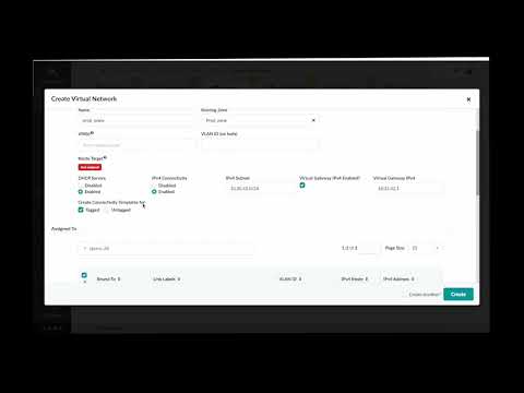 Still image of the Juniper Apstra dashboard. It says Create Virtual Network in the top left corner. It shows a series of drop down menus but the copy is too blurry to read. There is a teal button on the lower right hand corner.